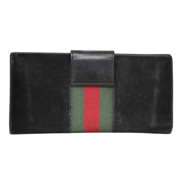 GUCCI Black Suede Leather Wallet Web Green Red Continental Long Flap Snap - Picture 2 of 11